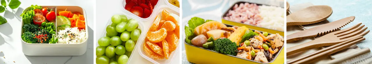 Custom Food Containers, Bento Boxes & Reusable Cutlery to Encourage Tasty Brand Awareness for Your Business Promotional bento boxes and lunch containers for schools and offices filled with delicious food alongside convenient reusable utensils.