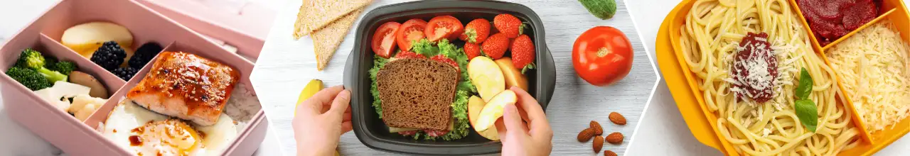 Custom branded food containers and promotional lunch boxes filled with delicious prepped meals for school and office commutes.