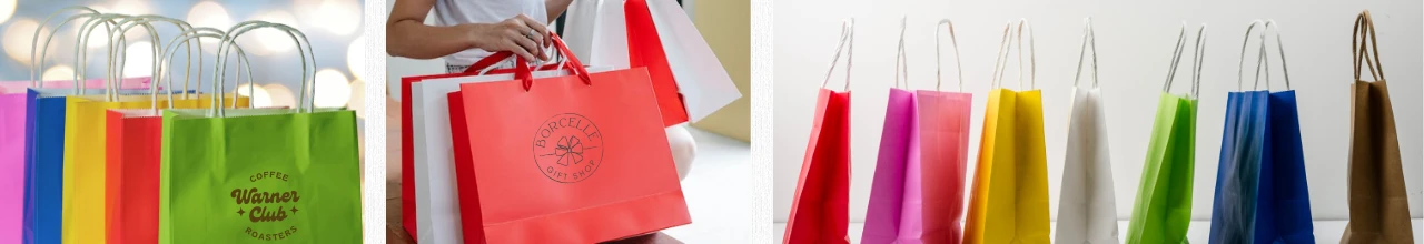 Custom printed gift bags on display to show the colour range and print options available for trade shows and conventions.