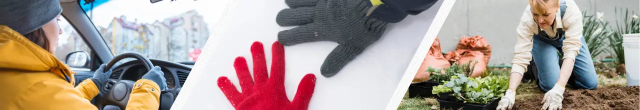 Branded gloves worn by people outdoors during the Winter in Hamilton, and a senior woman wearing gardening gloves in Spring.