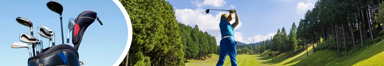 Custom golf club covers being used by a golfer playing on a scenic golf course in Manitoba on a beautiful summer day.