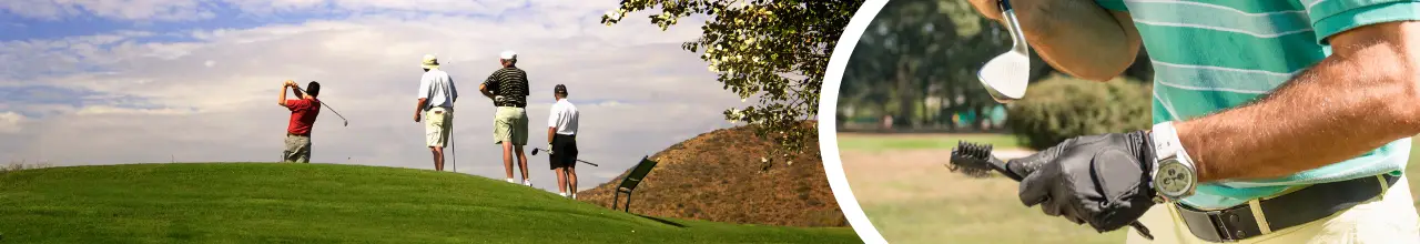 A golfer brushes his clubs with branded golf tools and accessories before playing a round in Alberta with his friends.