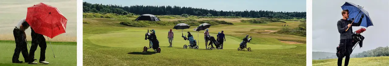 People using branded golf umbrellas to help endure bad weather at a golf course in Ontario during the spring.