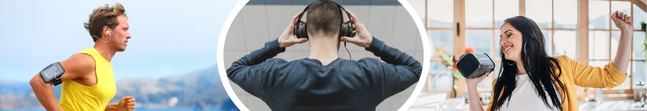 Three people in Canada enjoying their custom headphones and speakers. One is a man wearing earbuds as he runs in Toronto. The next man is wearing over-ear headphones to block out the noise while waiting for the subway. The last person is a young woman dancing in her office with a small speaker now that the sun has come out through the glass windows behind her.