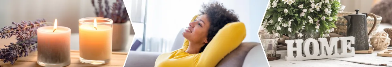 Promotional candles and home décor help a woman relax after a long day at work in British Columbia, Canada.