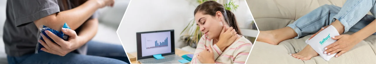 Three people use their custom printed hold and cold packs to soothe everyday aches from sports and working at a desk.