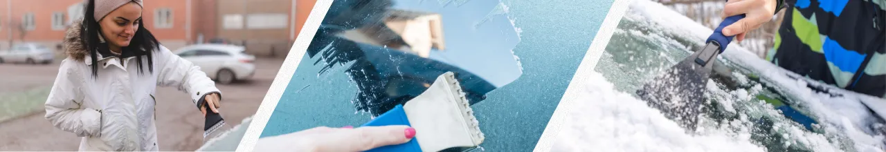 Three images showing people scraping the ice off their car windows in Canada with handy custom ice scrapers that can help with Canadian weather-related chores.