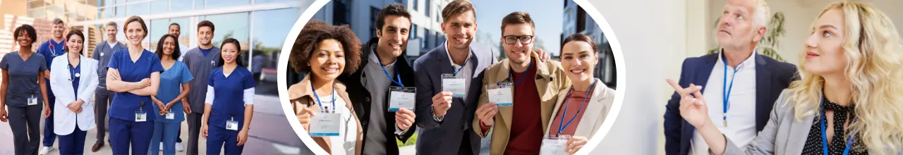 Medical staff, office workers and tradeshow attendees wearing promotional ID holders for easy identification and security.