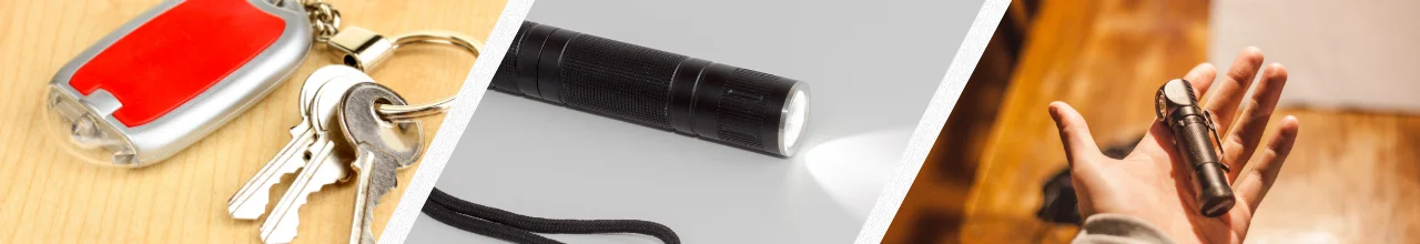 Three images of handy mini custom flashlights ready for use in Canada. One is attached to a set of keys and another is being held in an open palm to show their convenient size. The middle image shows how bright they can be when switched on.