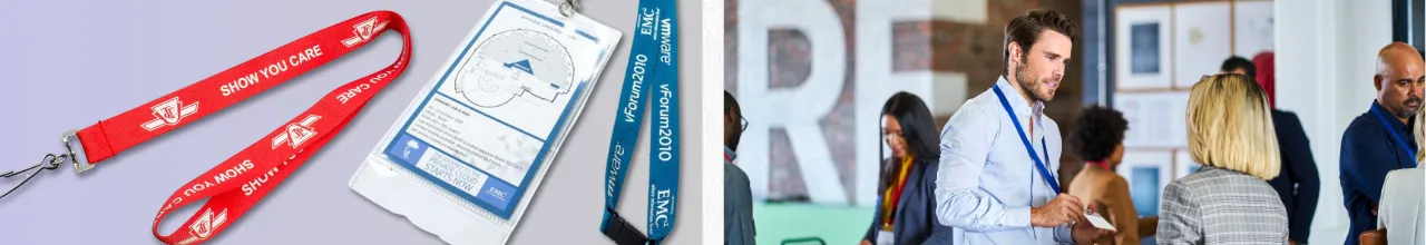 Custom lanyards in Canada are on display and being used at a promotional trade show in Toronto to display staff ID.