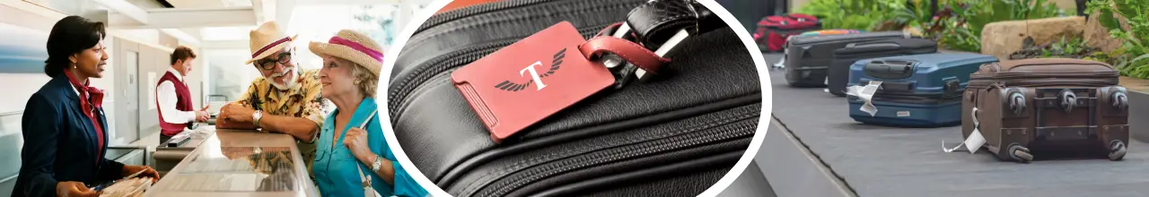 Three images that demonstrate how important luggage tags are while flying in Canada. One shows two elderly vacationers trying to locate their luggage. The next shows a red luggage tag with easy-to-read branding. The last image shows luggage bags on a carousel with their travel tags attached.