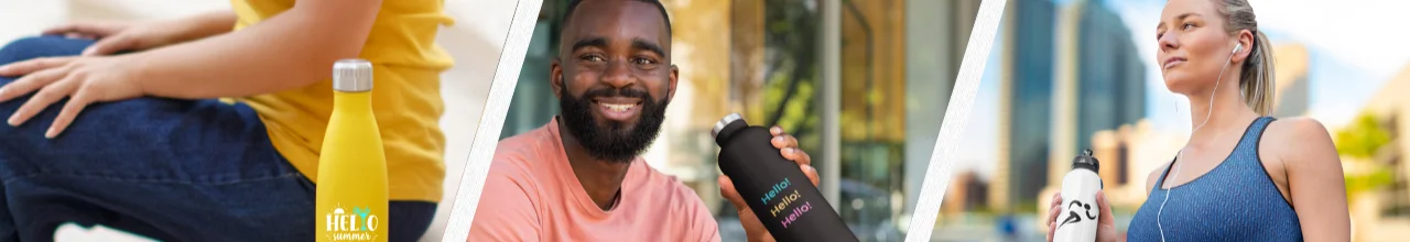 Left photo; a woman relaxing on the steps with her water bottle, middle photo; a man drinking from his metal bottle, right photo; a woman drinking a protein shake from her drink bottle after a jog