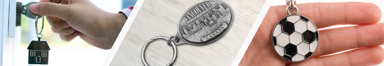 Three images showing custom metal keyrings in Canada. The left shows someone unlocking their home after being given branded realtor swag for their new keys. The middle and right images show the types of customization available for metal keyrings.