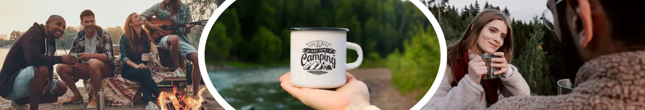 Three images of branded metal mugs being used outdoors while camping in Canada, both Whistler British Columbia and Algonquin Ontario.