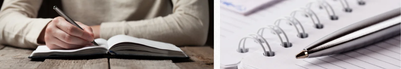 Close-up images of metal pens being used to take notes both at home and at work.