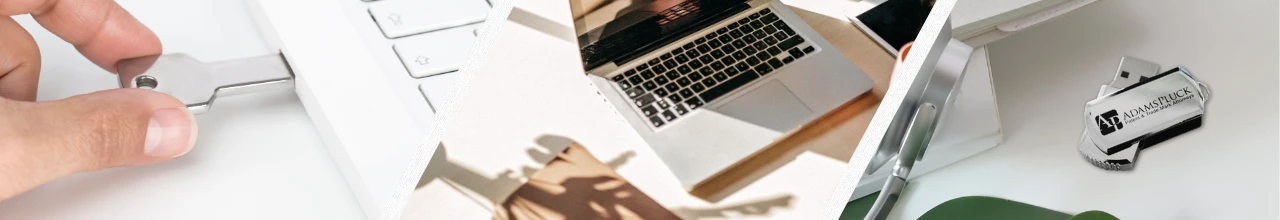 Someone inserting a promotional USB key drive into their laptop; next, a laptop on the desk ready for working in an Ontario home office; finally, a branded metal USB drive resting on a desk.