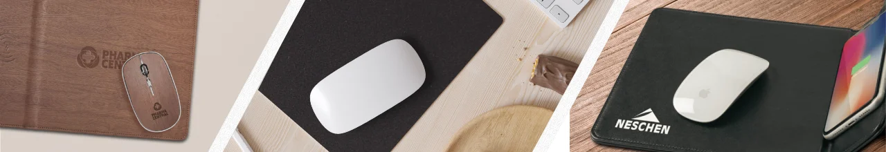 Three images of custom branded mouse pads with a mouse resting on each, in home offices in Canada.