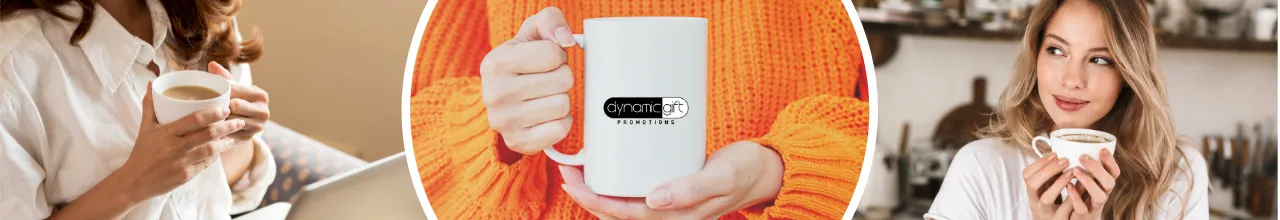 People use the promotional mugs they received from a Canadian trade show to enjoy coffee at the office and working from home.