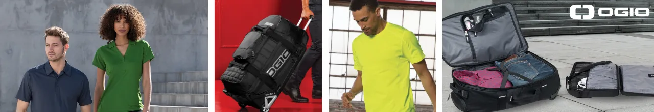 Branded OGIO apparel worn for the gym and everyday use, and custom OGIO luggage bags being used to travel across Canada.