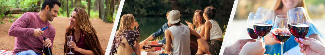 Three images of people relaxing and enjoying wine, food and socializing during summer picnics in Canada's Muskokas.