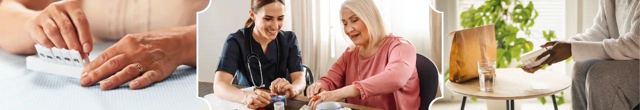 Healthcare professionals using custom logo pill cases in a retirement home in Ontario, Canada to help with client organization.