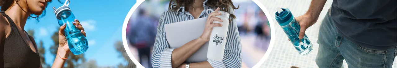 Left photo; a woman drinking from her water bottle after a run, middle photo; a woman drinking from her plastic bottle before attending a meeting, right photo; a man drinking from his plastic bottle while waiting for a cab