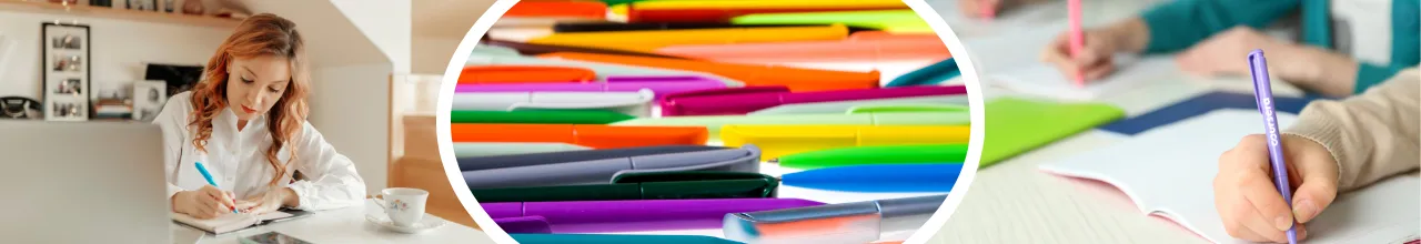 Promotional plastic pens are being used at home and school, with a pile of colourful pen options on display in the middle of the image.