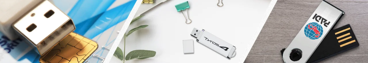 Three images of custom branded plastic USB drives being used for daily work tasks in an office in downtown Toronto.