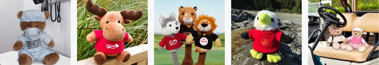 Images of plush animals wearing printed apparel. There's a dr bear in scrubs, a moose, plush golf covers, a cute plush eagle wearing a red tee and two golf bear sitting in a golf cart ready to travel.