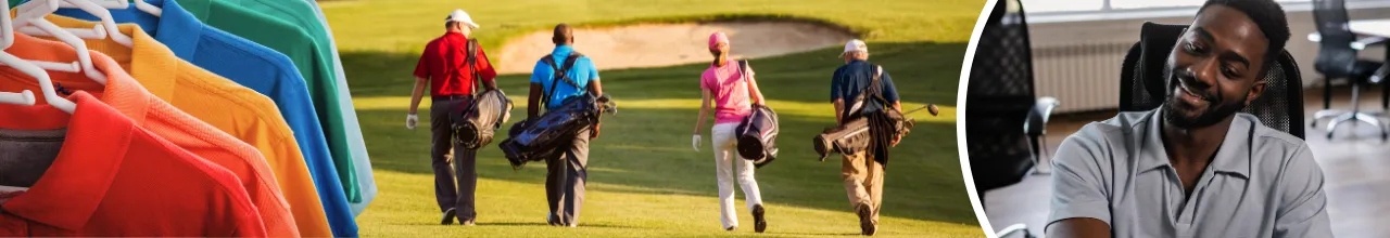 People wearing custom embroidered polo shirts to play golf in New Brunswick and as employee uniforms in an Ontario office.