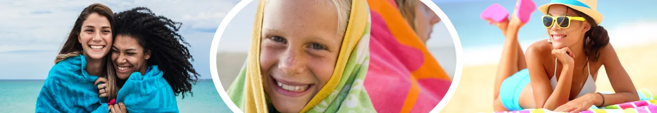 Left photo; two young girls laughing and sharing a beach towel, middle photo; a young girl wrapped in her beach towel after swimming at the pool, right photo; a woman enjoying some sun at the beach while laying on her towel