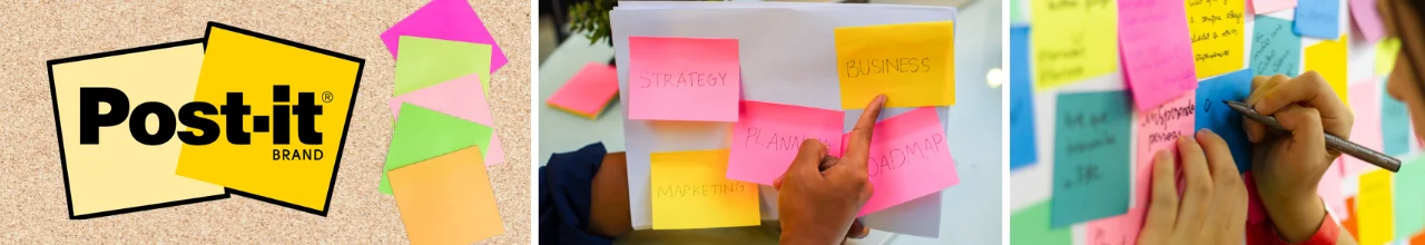 Promotional sticky notes being used for brand awareness and organization throughout professional spaces in Canada.