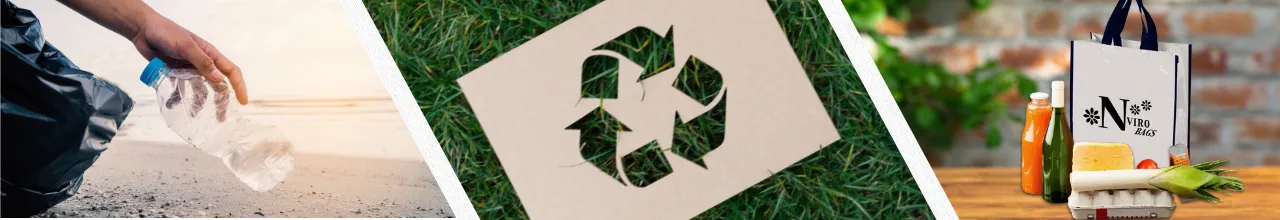 Three images showing environmentalism and recycling plastic in Canada into rPET bags for groceries and everyday use.