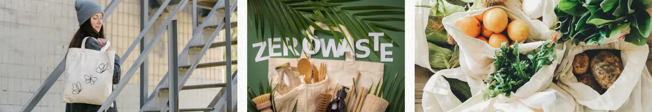 Custom recycled cotton bags being used to help cut down on single-use-plastics in Canada. A woman is carrying her eco-friendly tote home from work and there are bags showing groceries brought back from the farmers market.