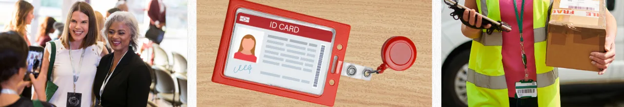 Retractable badge reels attached to IDs are being worn indoors at a meeting and outside on a work site for deliveries to show how useful they can be.