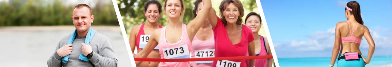 Left; a man using a cooling towel after a run. Middle; women in an Ontario 5k breast cancer race. Right; a lady at the beach with her sports pack.