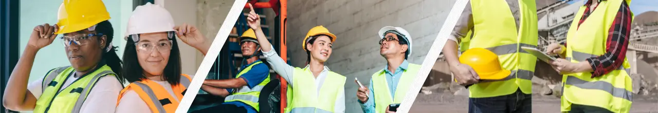 Workplace safety gear and workwear with company logos worn by warehouse employees and construction workers across Canada.