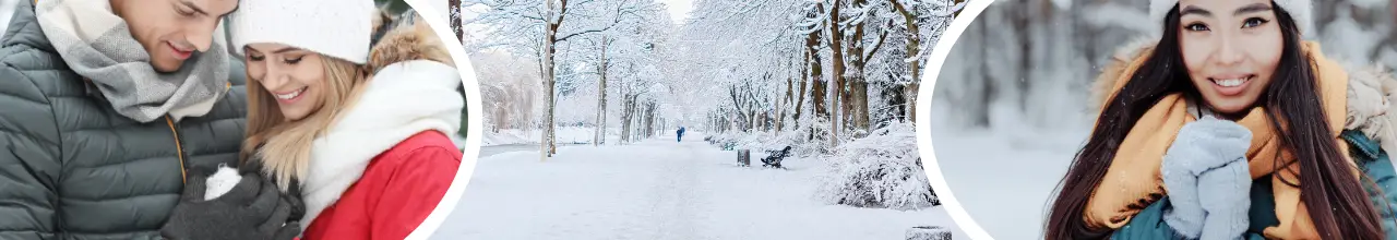 Embroidered scarves given as employee gifts are being worn by a couple and a young woman in a park in Toronto during winter.