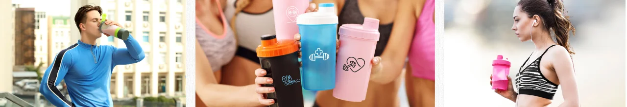 Left photo; a man drinking a smoothie from his shaker bottle after a jog, middle photo; several women holding up their fruit infuser drinks after working out at the gym together, right photo; a woman drinking from her infuser bottle after going for a run