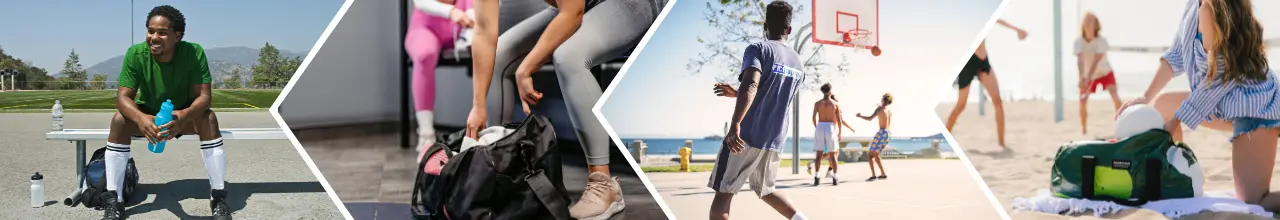 Young Canadians play sports and store their gym essentials in custom printed sports duffle bags before playing basketball, volleyball and working out.