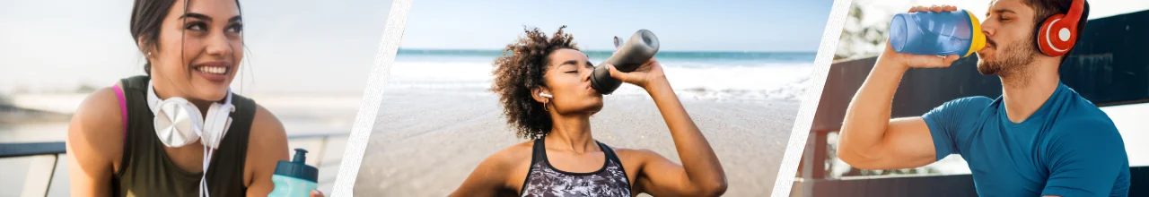 Left photo; a woman sitting on a bench with her bottle after exercise, middle photo; a woman drinking from her sports bottle after a jog on the beach, right photo; a man relaxing at a park while drinking from his water bottle