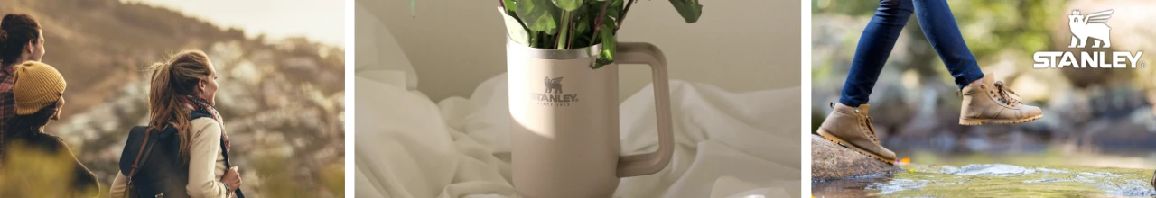 Custom logo Stanley drinkware being used both at home and while hiking outdoors through Algonquin park.