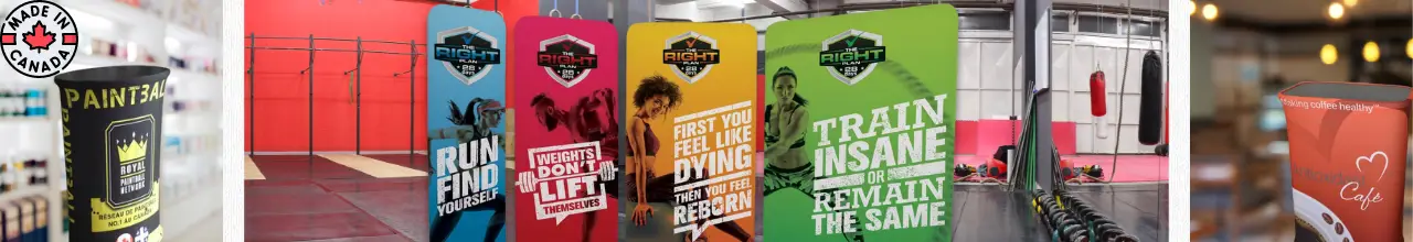 Custom printed stretch tension banners at stores and gyms to promote marketing campaigns for businesses in Ontario, Canada.