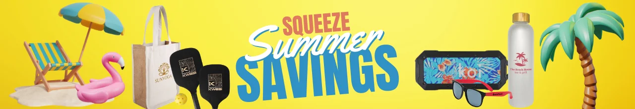 Summer promotional sale items in Canada, including custom sunglasses and water bottles with colourful summer images beside them.