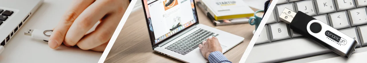 A hand plugging in a swivel USB to begin work; next, a person working from home on their laptop; finally, a close-up on the custom logo swivel USB laid atop a keyboard.