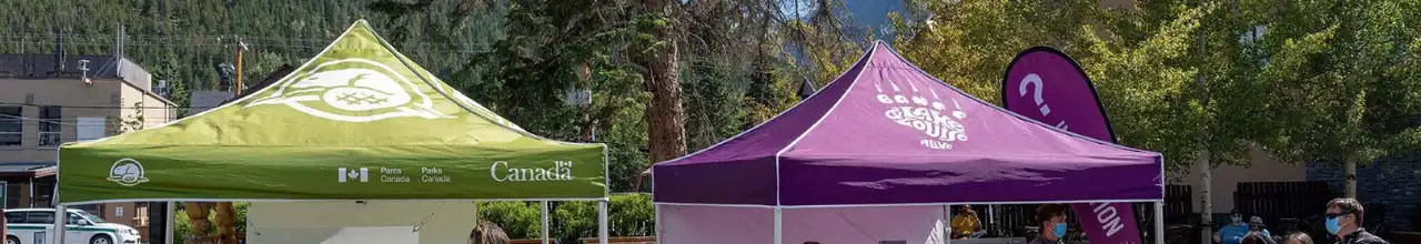 Two custom printed event tents used outside in British Columbia as display booths for an event signup during the summer.