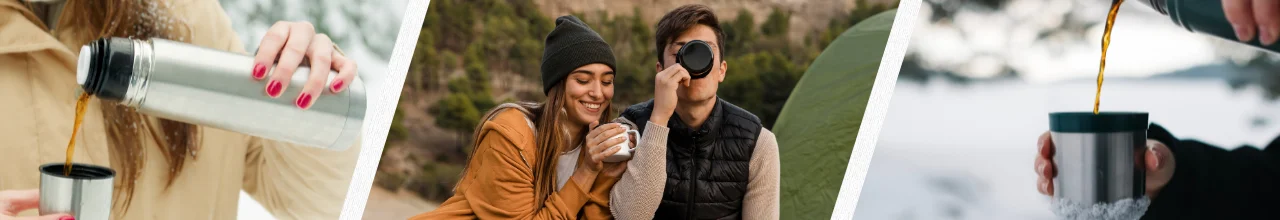 Left photo; a woman pouring black tea from her thermos to enjoy during a winter walk, middle photo; a young couple laughing as they sit and share warm Bailey's from their flask, right photo; a man pouring coffee from his thermos while camping in the winter