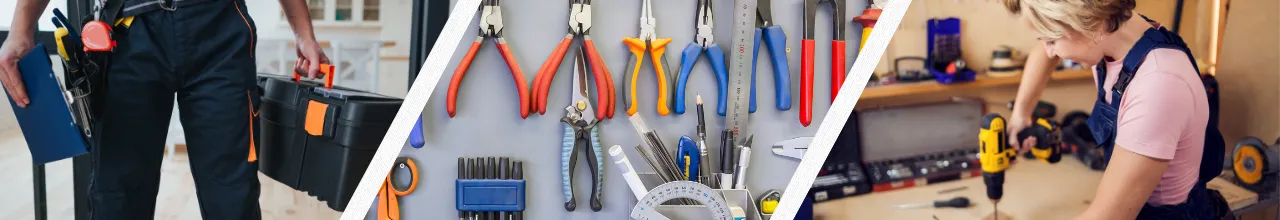 Custom logo tool gift sets being used in local Canadian trade workspaces. One set is being carried by a construction worker on the job. The next shows tools neatly hung up on display in a workshop. The last shows a young woman using a drill to finish her home renovation.