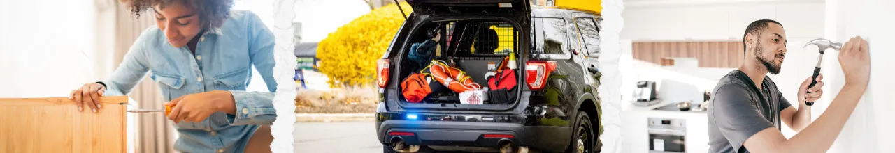 Two images of people using tools for home renovations indoors and an SUV-style car with an open trunk filled with outdoor essentials ready to travel.