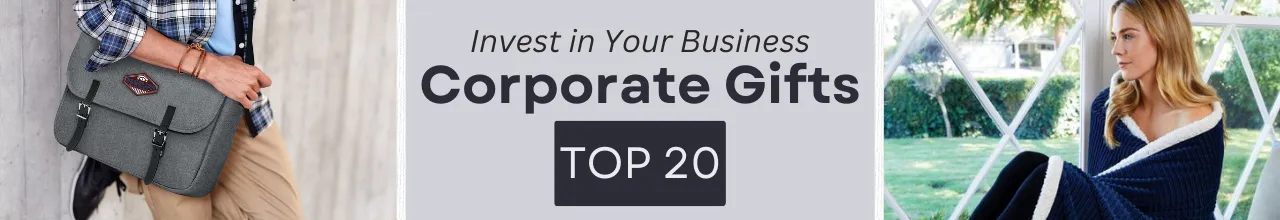 A man wearing a grey messenger bag received as a branded business gift leans on a wall. Next to him, there is text for corporate gift top 20 ideas. On the right of the text, a woman relaxes in her home with a cozy custom blanket.